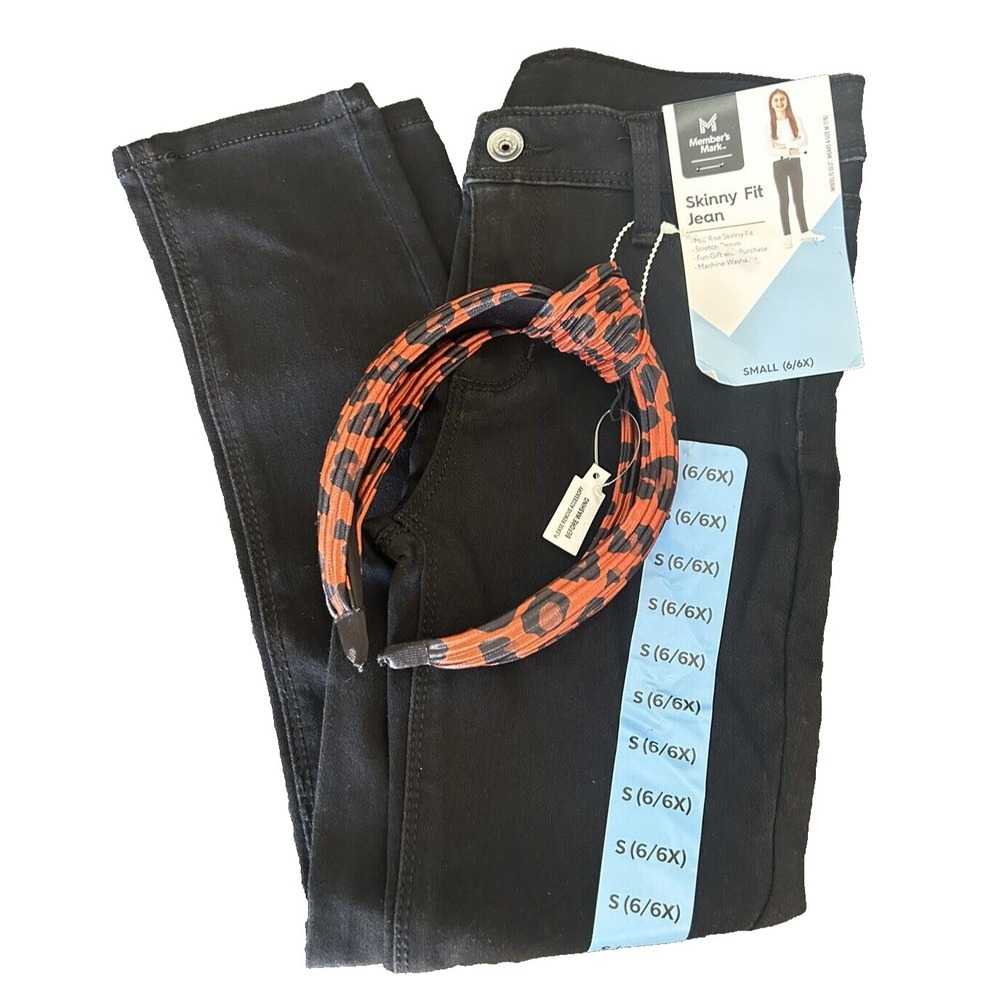 Girls Skinny Fit Jean Size‎ S 6/6X Black Denim & Headband Members Mark 22w X 19L